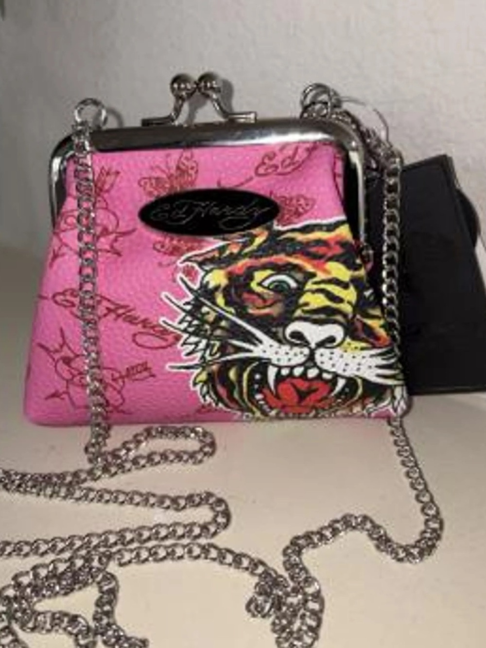 Ed Hardy Pink Tiger Print Wristlet Clutch with Silver Chain NWT